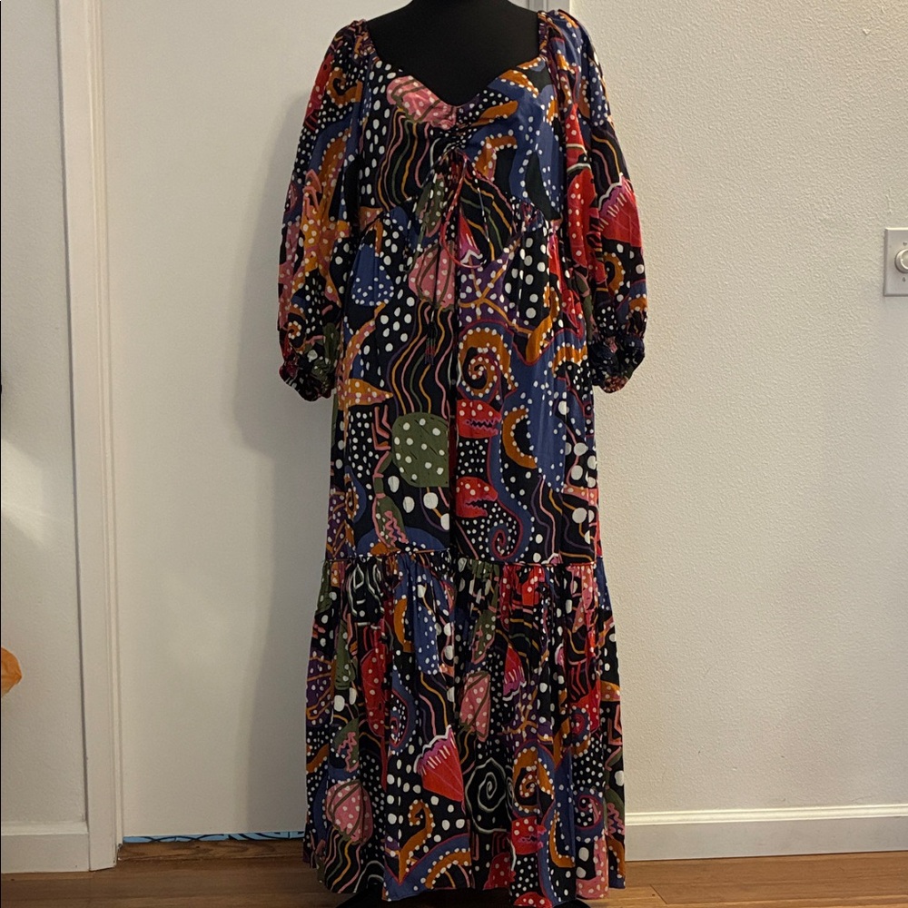 FARM RIO Ocean Scene Lobster Jellyfish Starfish Women's Cotton Maxi Dress XL